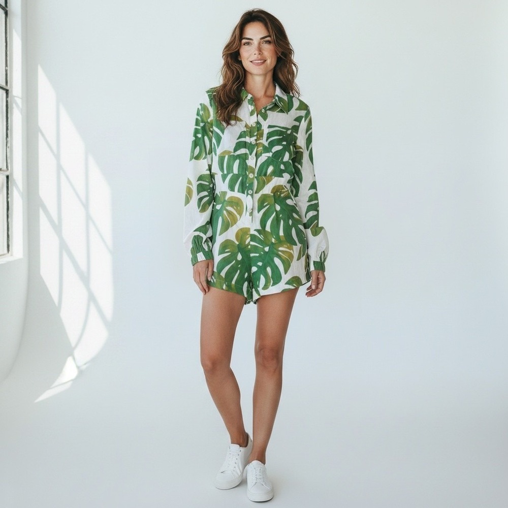 Farm Rio Green Leaf Tropical Linen Blend Boho Maximalist 
 Romper XS RTL $220